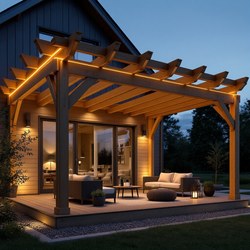 Terassipergola lämpimällä LED-valolla