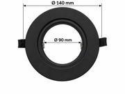 Musta py&ouml;re&auml; sovitekehys uppoasennukseen, ulkohalkaisija &Oslash;140 mm ja sis&auml;halkaisija &Oslash;90 mm, jousikiinnikkeet sivuilla