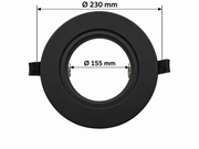 Musta py&ouml;re&auml; upotusvalaisimen sovitekehys edest&auml; kuvattuna, ulkohalkaisija &Oslash;230 mm ja sis&auml;halkaisija &Oslash;155 mm mittatekstein