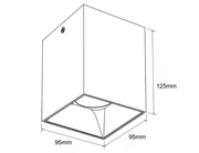 Neli&ouml;m&auml;isen CUBO LED-kattovalaisimen mittapiirros, mitat 95x95x125mm, alhaalla n&auml;kyv&auml; lampun heijastin