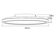 Kattovalaisimen HELO mittapiirros sivulta: halkaisija 300mm, korkeus 49mm, asennussyvyys 27mm