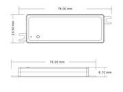 Vastaanotin NOVA MINI CCT tekninen mittapiirros ylh&auml;&auml;lt&auml; ja sivulta, mitat 76x23,50x8,70 mm