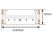 RGB+CCT COB LED-nauhan mittapiirros, leveys 41,67 mm ja korkeus 12 mm, liittimet merkitty 24V+, R-, G-, B-, C-, W-