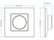 NOVA 5in1 langattoman himmentimen mittapiirros edest&auml; ja sivusta, mitat 86x86x23 mm