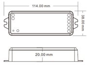 NOVA Zigbee RGB+CCT vastaanottimen mittapiirros ylh&auml;&auml;lt&auml; ja sivulta, mitat 114x38x20 mm