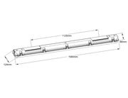 Runkovalaisimen TARMO MAX mittapiirros sivusta, mitat 1580x124x86mm, pituus 1125mm kannelle