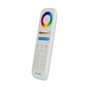 Valkoinen Mi-Light MIBO RGB+CCT LED-kaukos&auml;&auml;din, jossa v&auml;rillinen py&ouml;re&auml; kosketusrengas ja 8 ryhm&auml;n painikkeet