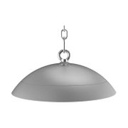 Harmaa py&ouml;re&auml; LED-prosessiteollisuusvalaisin UFO PRO 200W ripustettuna metalliketjulla, kupumainen muoto sivulta kuvattuna