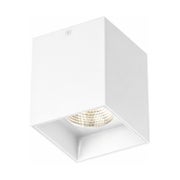 Valkoinen nelikulmainen CUBO 14W LED-pintavalaisin, jossa n&auml;kyy himme&auml; LED-linssi alapuolella